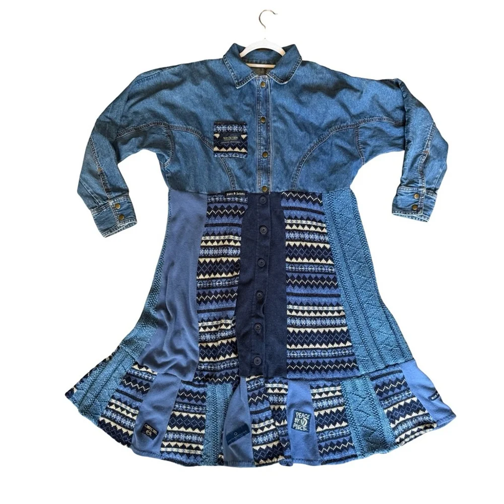 Handmade Upcycled Denim Patchwork Maxi Dress Size XL Artisan Eco-Friendly - Picture 3 of 16